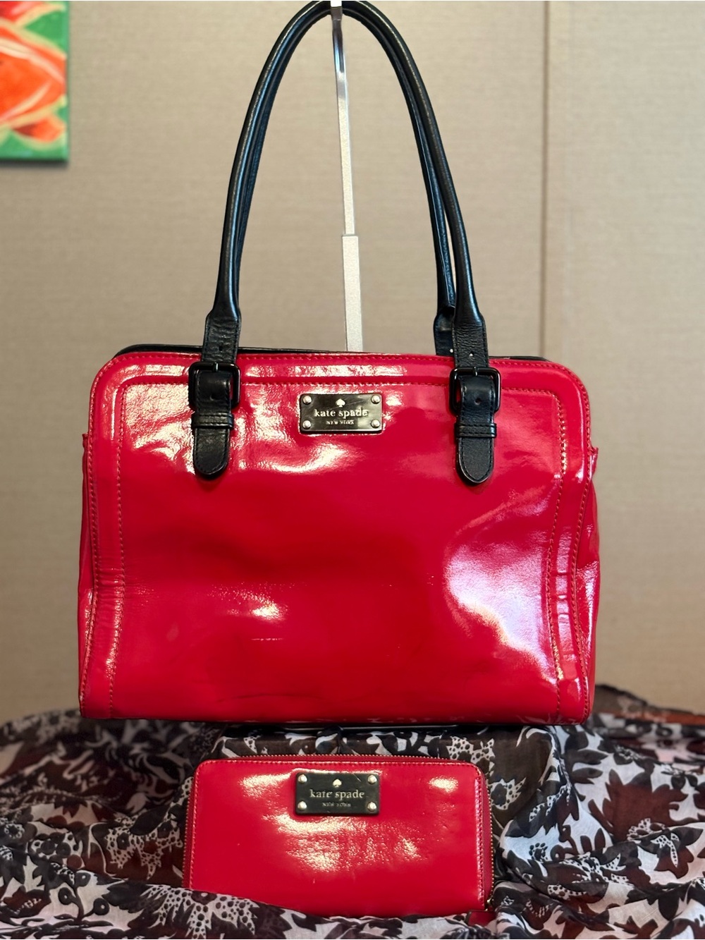 kate spade Red Patent Leather Tote with Black Leather Handle and Matching Wallet